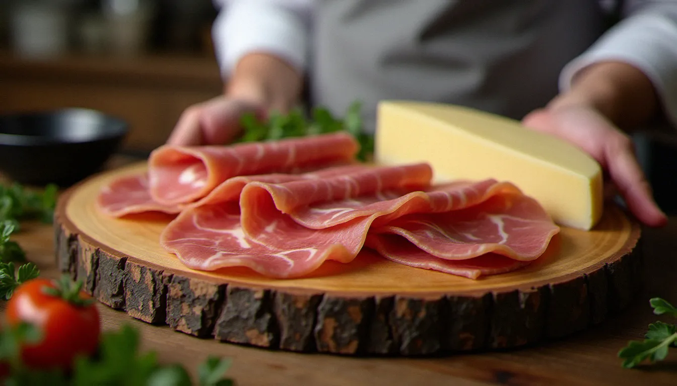 Planche de charcuteries et fromages italiens DOP — prosciutto di Parma, mortadella et pecorino — représentant l'authenticité de la cuisine italienne régionale