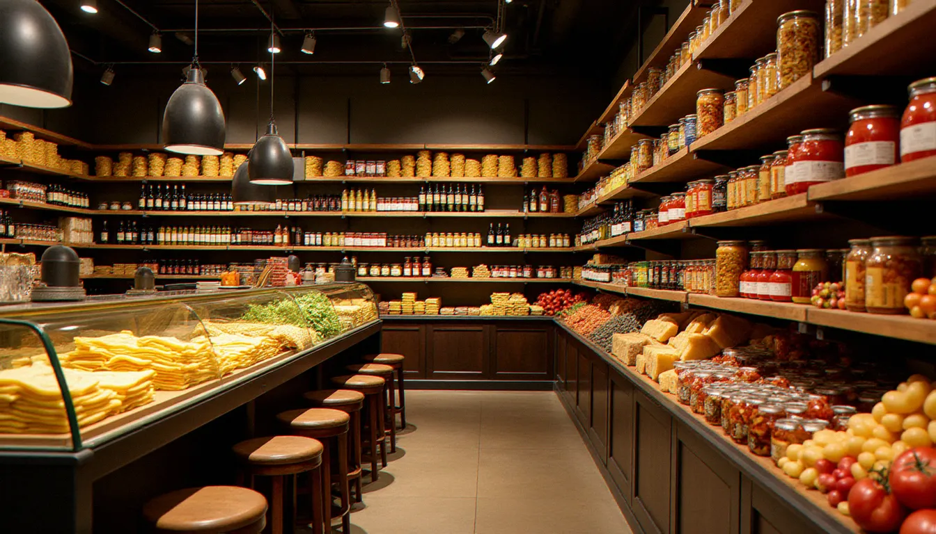 Rayons d'une épicerie fine italienne en France avec pâtes artisanales, huiles d'olive et conserves San Marzano, reflet de l'essor de l'épicerie fine italienne auprès des consommateurs français