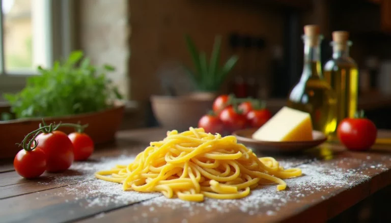 Table en bois rustique garnie de pâtes fraîches, tomates San Marzano, Parmigiano Reggiano et huile d'olive, illustrant la cuisine italienne en France dans toute son authenticité