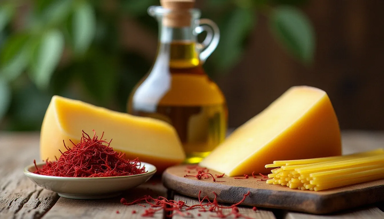 Sélection de produits italiens authentiques dont huile d'olive AOP sicilienne, safran en pistils, Parmigiano Reggiano et spaghetti di Gragnano IGP sur une table en bois