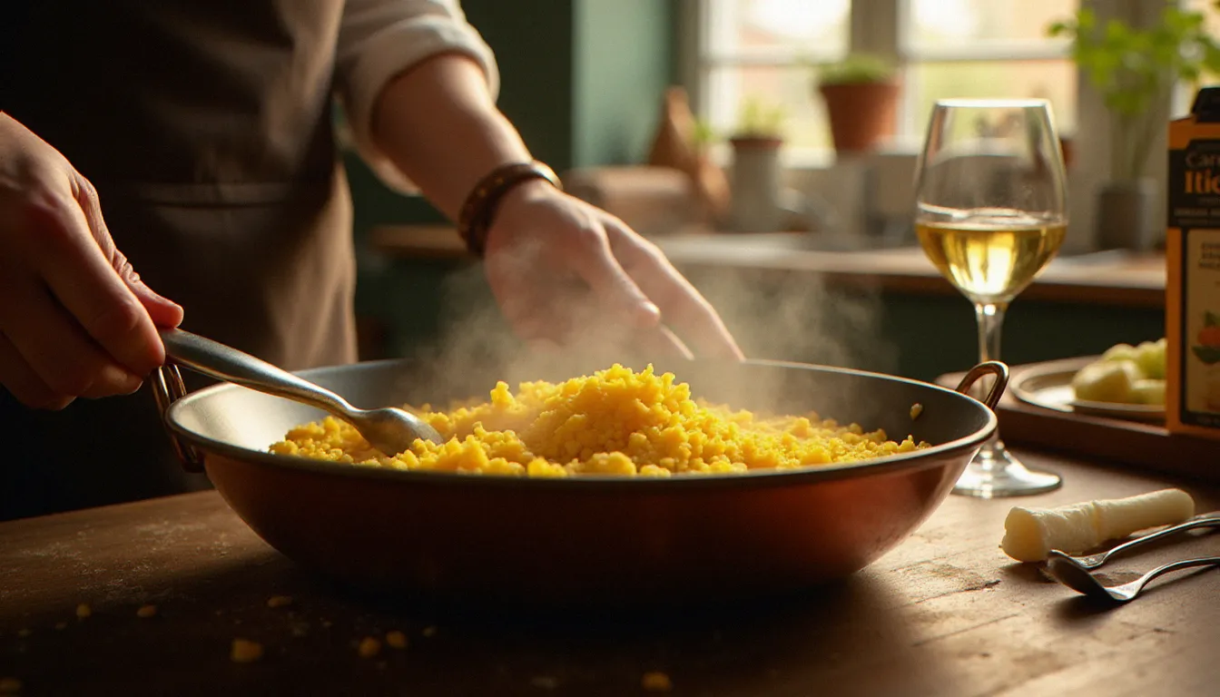 Préparation d'un risotto alla milanese au safran dans une casserole en cuivre, plat emblématique de la cuisine italienne authentique reproduit dans une cuisine française