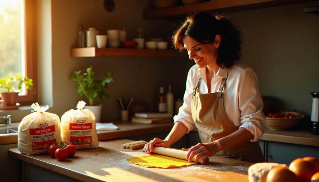 Chiara Romano préparant des pâtes fraîches dans une cuisine lyonnaise avec des produits de cuisine italienne authentiques disposés sur le plan de travail