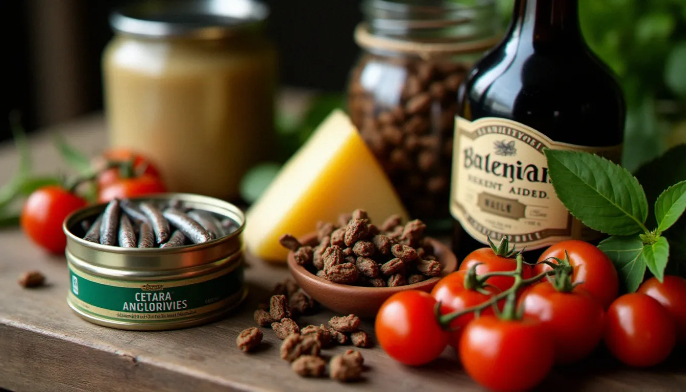 Sélection de produits d'épicerie fine italienne AOP et DOP disposés sur une surface en bois rustique, les ingrédients clés de la cuisine italienne Francesca