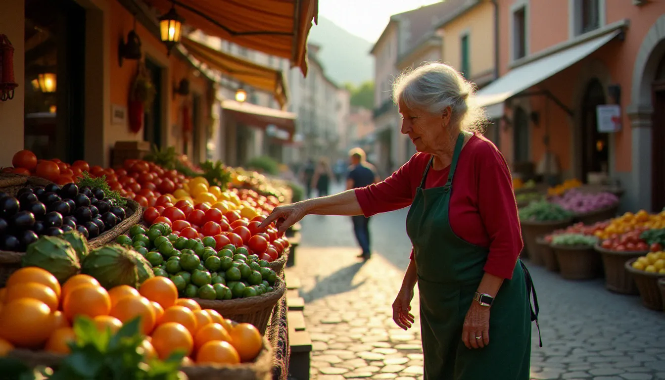 Marché traditionnel du sud de l'Italie avec des étals de légumes de saison, évoquant les origines régionales de la cuisine italienne Francesca et le culte du produit local
