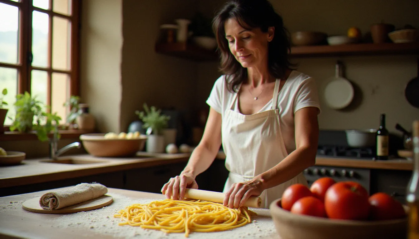 Femme italienne préparant des pâtes fraîches à la main dans une cuisine traditionnelle, illustrant la cuisine italienne Francesca dans son authenticité la plus pure