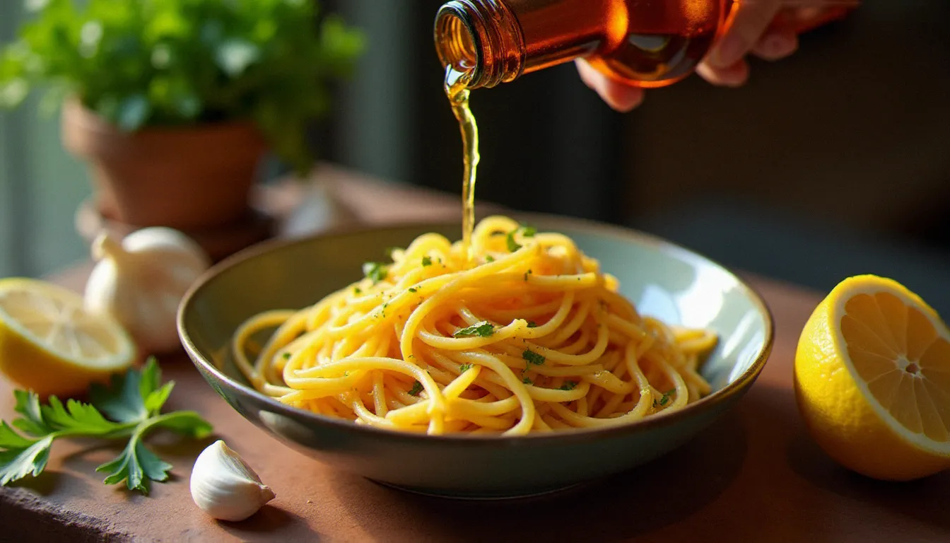 Filet de Colatura di Alici di Cetara versé sur des linguine chaudes avec ail, persil et citron, sur une surface en terre cuite méditerranéenne