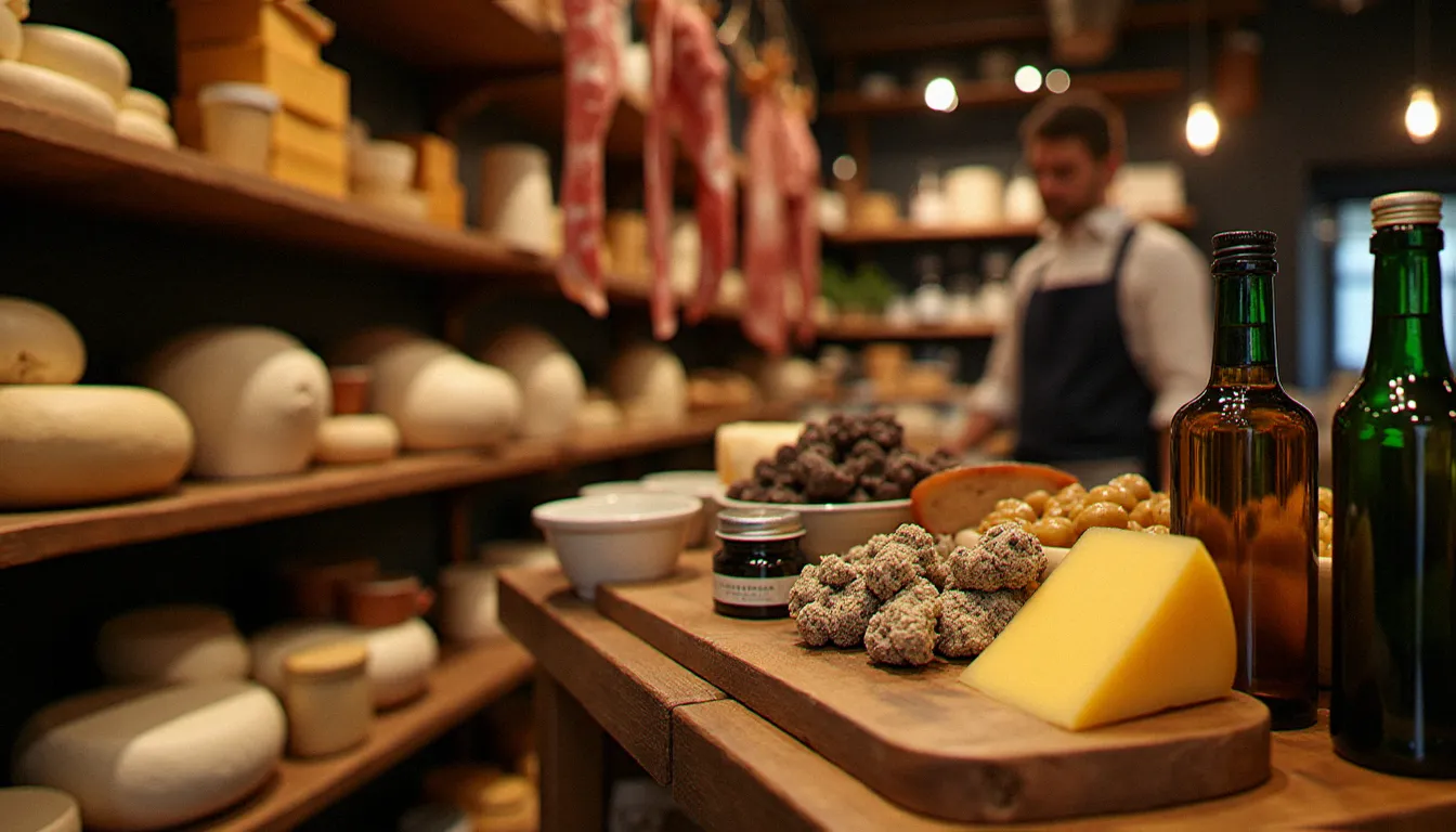 Intérieur d'une épicerie fine italienne avec étagères de fromages affinés, jambons suspendus, huiles d'olive artisanales et produits à la truffe, éclairage chaleureux ambiant