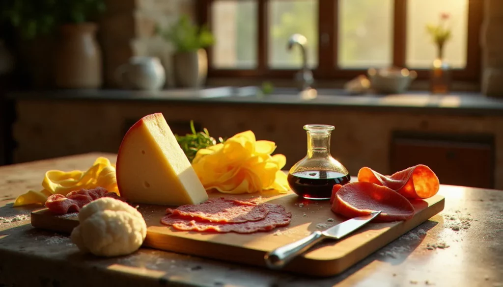 cuisine italienne haut de gamme featured Présentation de produits de cuisine italienne haut de gamme sur une table en marbre : meule de Parmigiano Reggiano, Culatello, vinaigre balsamique de Modène et truffe blanche d'Alba dans une cuisine piémontaise