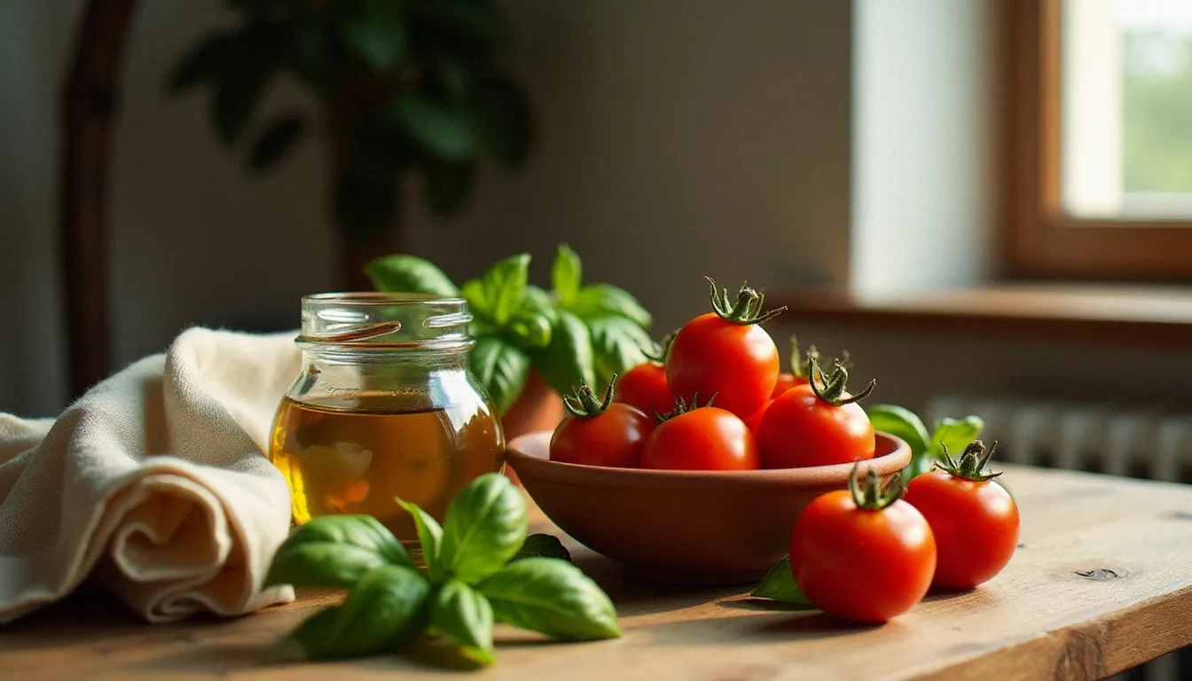 Mise en scène de produits italiens d'épicerie fine sur une table en bois, avec huile d'olive, tomates San Marzano et basilic frais sous lumière naturelle