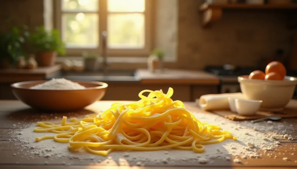Pâtes fraîches maison étalées sur un linge en lin dans une cuisine italienne rustique, illustrant la cuisine italienne Instagram authentique