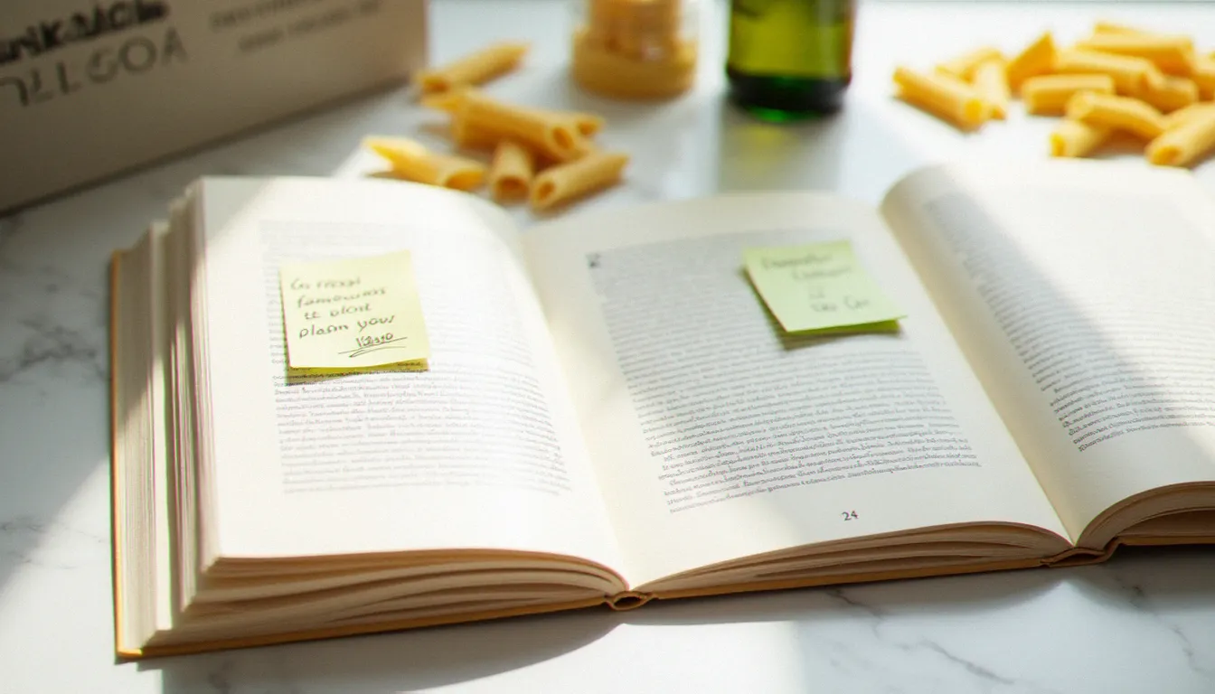 Livres de cuisine italienne ouverts sur un plan de travail en marbre avec des pâtes sèches et de l'huile d'olive ligure, illustrant les ouvrages incontournables de la cuisine italienne