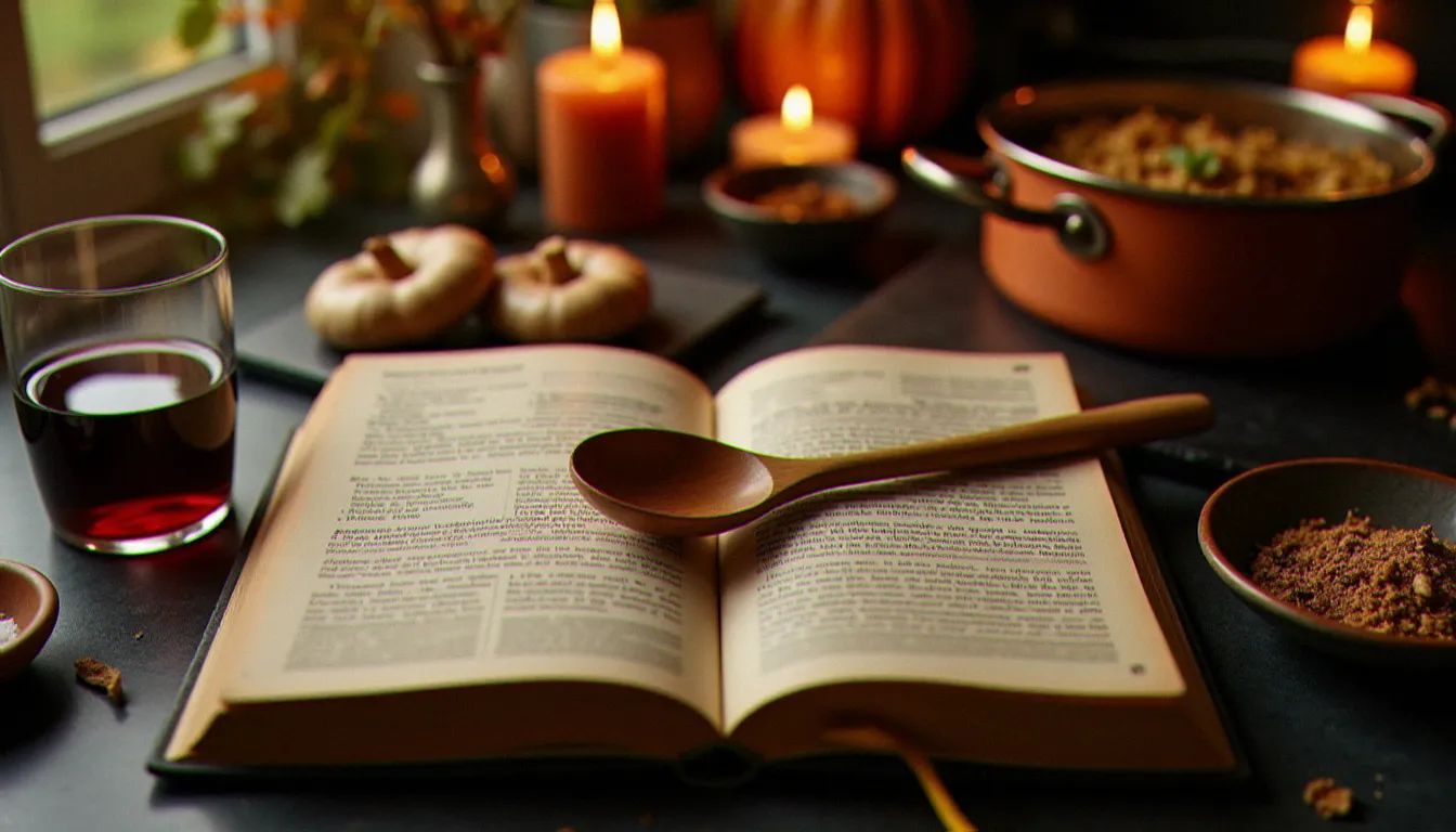 Livre de cuisine italienne ouvert sur une recette de risotto aux cèpes en automne avec des truffes fraîches et un verre de Barolo, illustrant les coups de cœur saisonniers de Chiara Romano