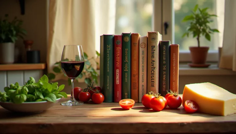 Collection de livres de cuisine italienne disposés sur une table en bois avec du parmesan, du basilic et des tomates San Marzano, illustrant le choix d'un cuisine italienne livre authentique
