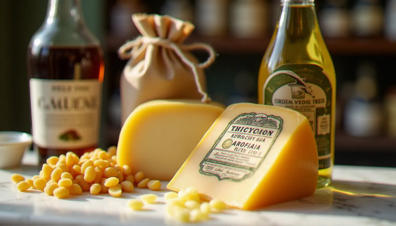Sélection de produits italiens authentiques — huile d'olive DOP, parmigiano reggiano affiné et pasta artisanale — dans une épicerie fine lyonnaise