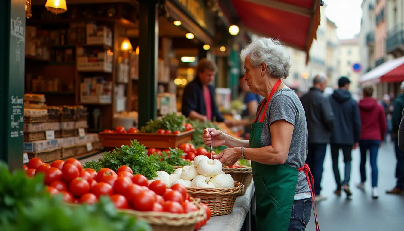 Étal de marché dans le quartier de la Guillotière à Lyon proposant des spécialités de cuisine italienne, tomates San Marzano et burrata fraîche