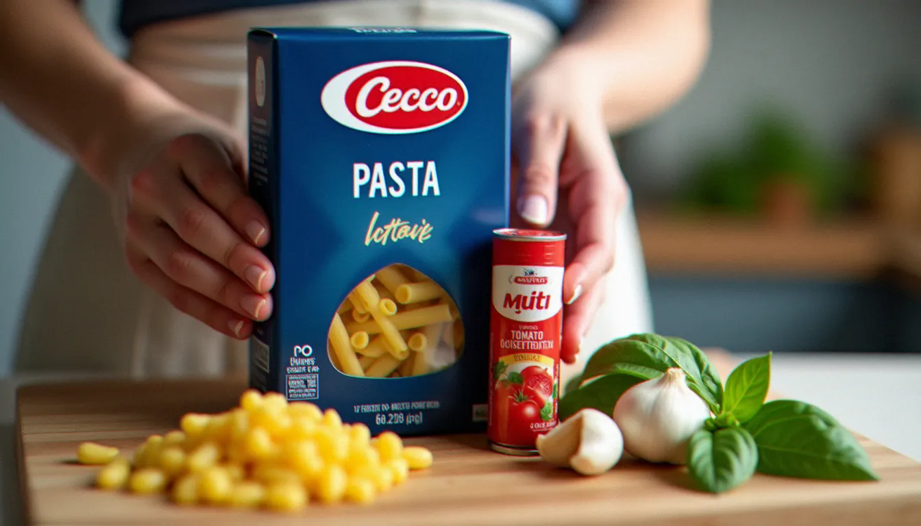 Mains tenant des emballages de grandes marques de pâtes et de tomates italiennes sur une planche en bois avec basilic frais
