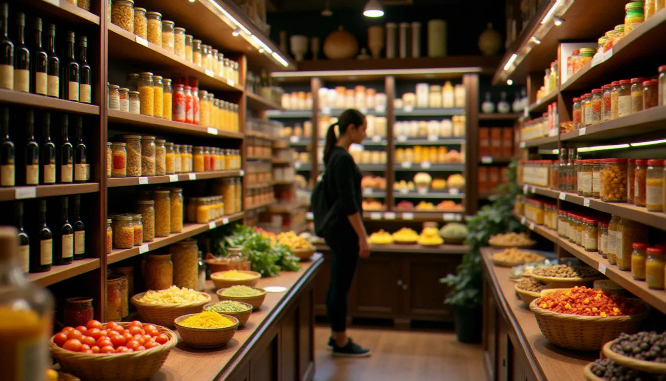 Rayon d'épicerie fine spécialisée en produits italiens avec des bouteilles d'huile d'olive, pâtes artisanales et conserves de marques italiennes authentiques alignées sur des étagères en bois