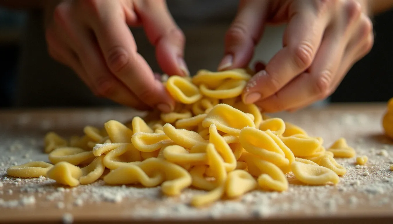 Mains d'un artisan italien façonnant des orecchiettes à la main sur une planche de bois farinée dans une cuisine pugliaise traditionnelle