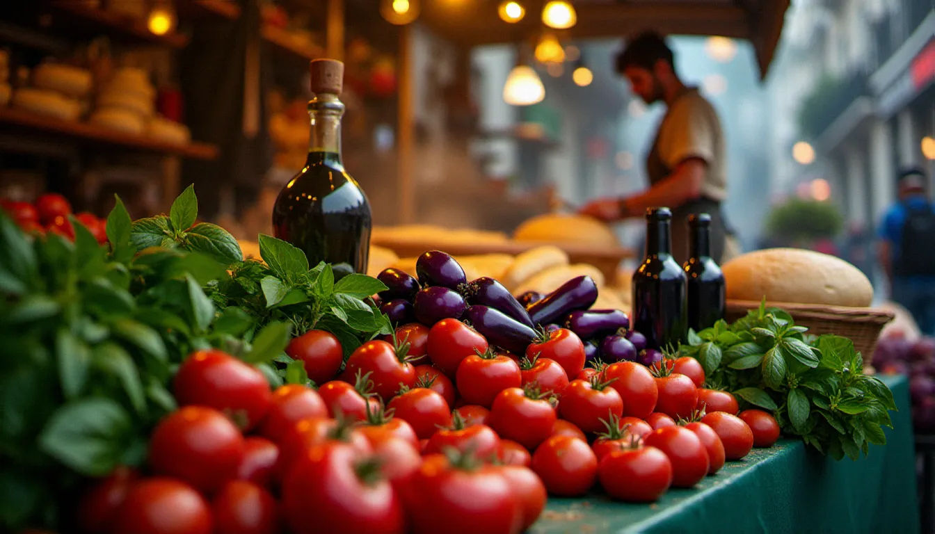 Étal de marché napolitain à l'aube avec tomates San Marzano, aubergines, basilic frais et huile d'olive, symboles de la richesse de la cuisine italienne