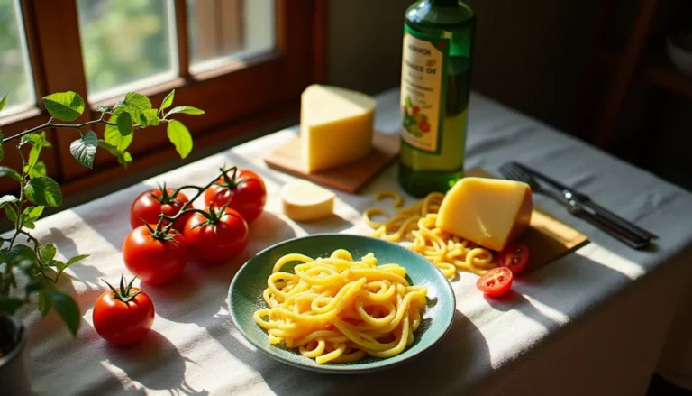 Table rustique italienne avec tagliatelle fraîches, Parmigiano Reggiano et tomates San Marzano illustrant la cuisine italienne meilleure du monde