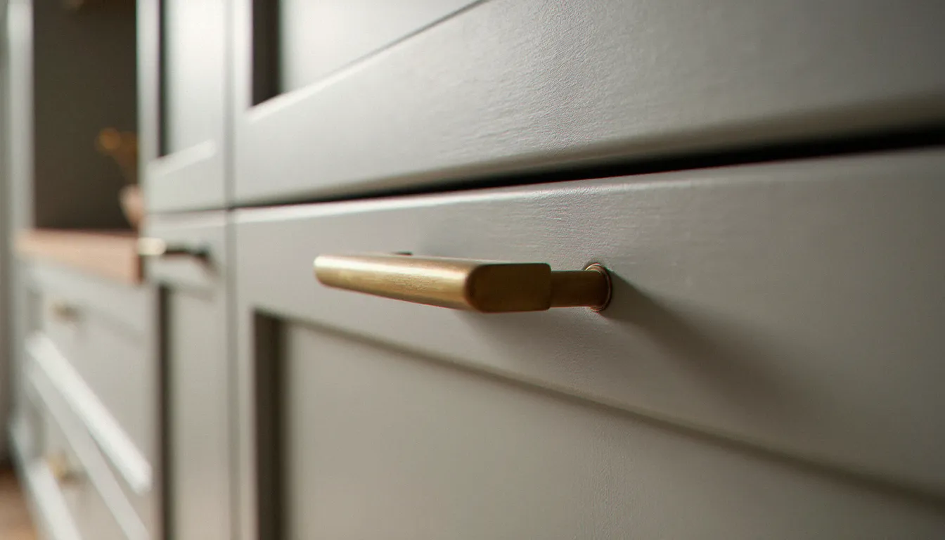 Détail d'une façade de meuble de cuisine italienne laquée gris mat avec poignée en laiton brossé