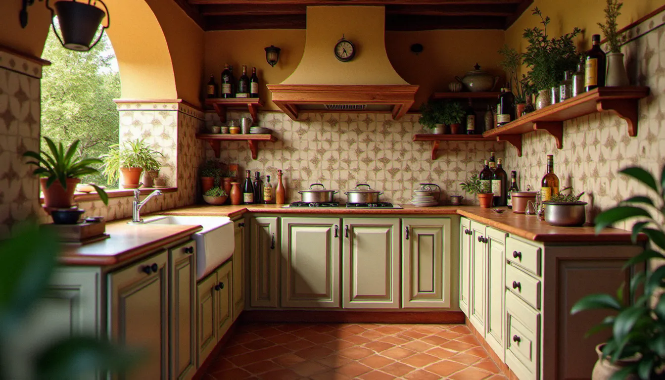 Cuisine rustique toscane avec crédence en carreaux peints à la main, étagères ouvertes et sol en terre cuite, typique des meubles de cuisine italienne traditionnelle