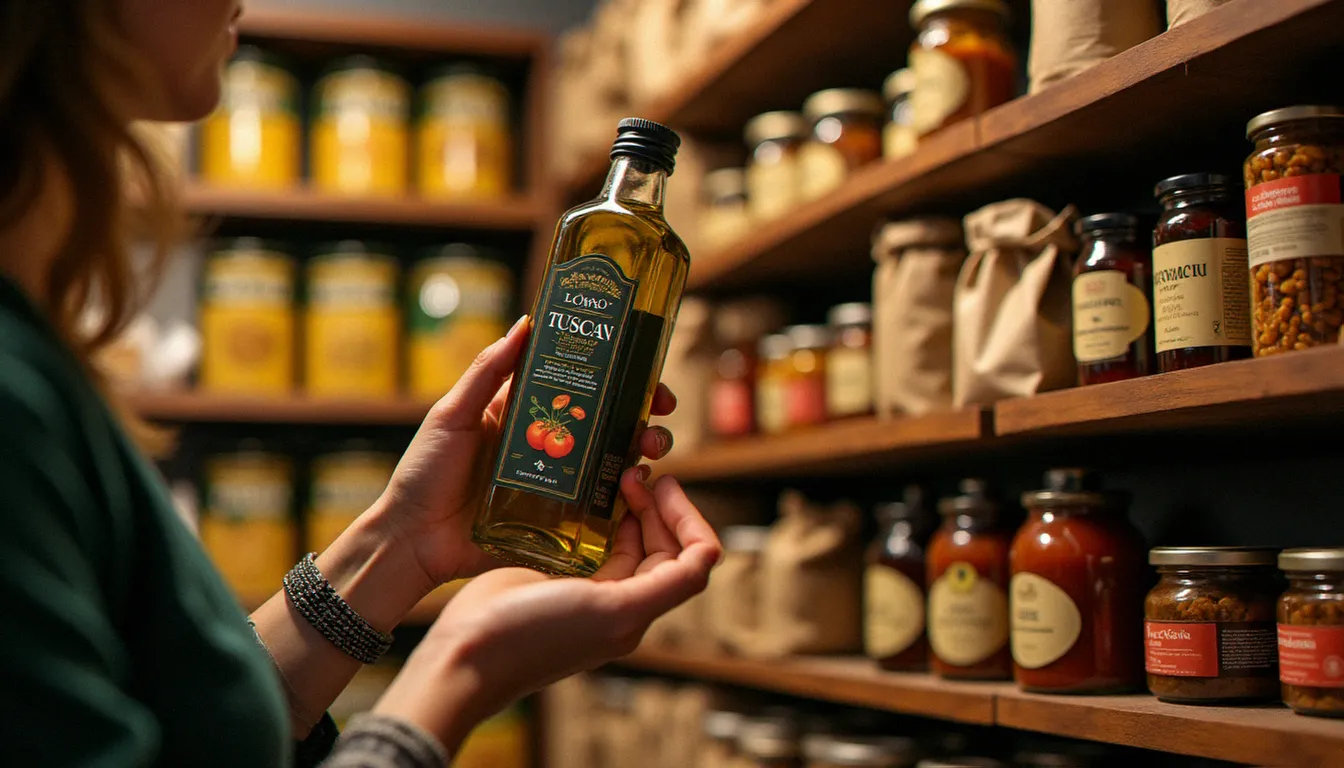 Sélection minutieuse de produits italiens certifiés DOP et IGP dans une épicerie fine, incluant huile d'olive toscane, tomates San Marzano en conserve et pâtes de Gragnano artisanales