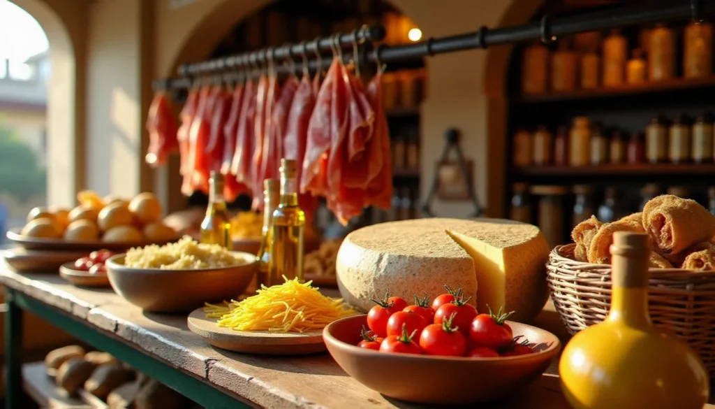 cuisine italienne plan de campagne featured 1 Comptoir d'épicerie fine italienne avec prosciutto di Parma DOP, meule de Parmigiano Reggiano, pâtes artisanales et tomates San Marzano, symbolisant la richesse de la cuisine italienne à Plan de Campagne