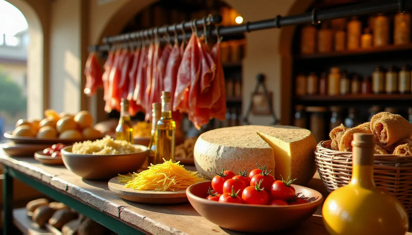 Comptoir d'épicerie fine italienne avec prosciutto di Parma DOP, meule de Parmigiano Reggiano, pâtes artisanales et tomates San Marzano, symbolisant la richesse de la cuisine italienne à Plan de Campagne