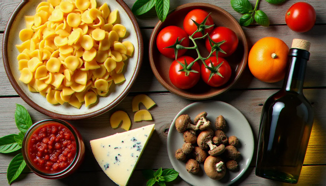 Vue du dessus d'un étal de marché italien présentant des ingrédients régionaux typiques : orecchiette des Pouilles, Pecorino Romano, tomates San Marzano et huile d'olive sicilienne, reflet de la diversité des plats de la cuisine italienne