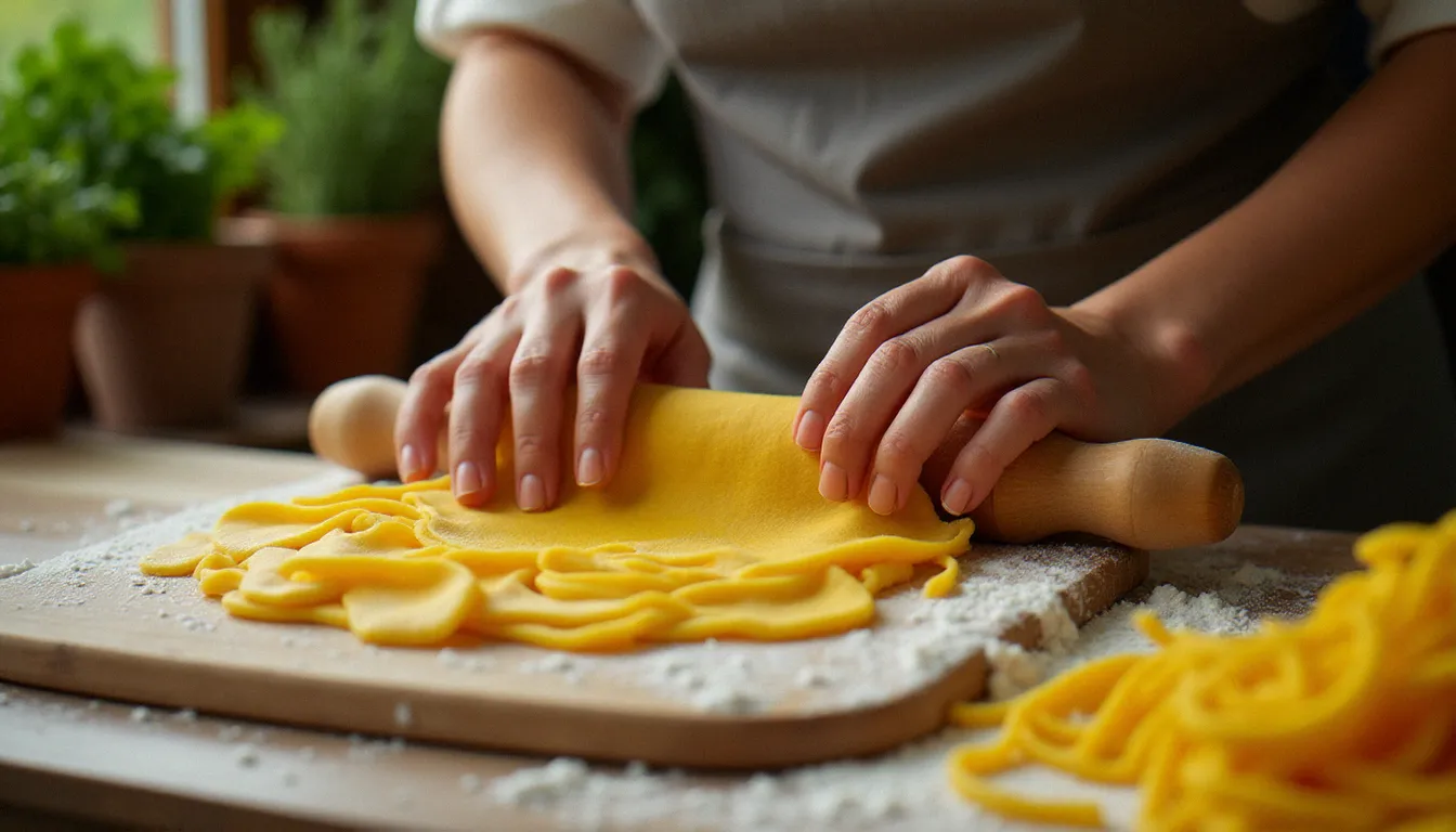 Des mains féminines étalant une pâte fraîche aux œufs sur une planche en bois farinée dans une cuisine italienne rustique, évocation du geste ancestral derrière chaque plat de cuisine italienne fait maison