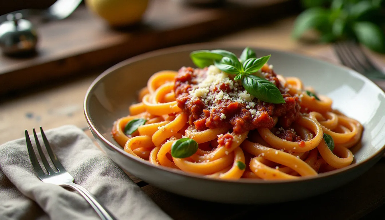 Un plat de tagliatelle fraîches au ragù bolognese servi dans un bol en céramique rustique, surmonté de copeaux de Parmigiano Reggiano, illustration de la cuisine italienne plat traditionnel