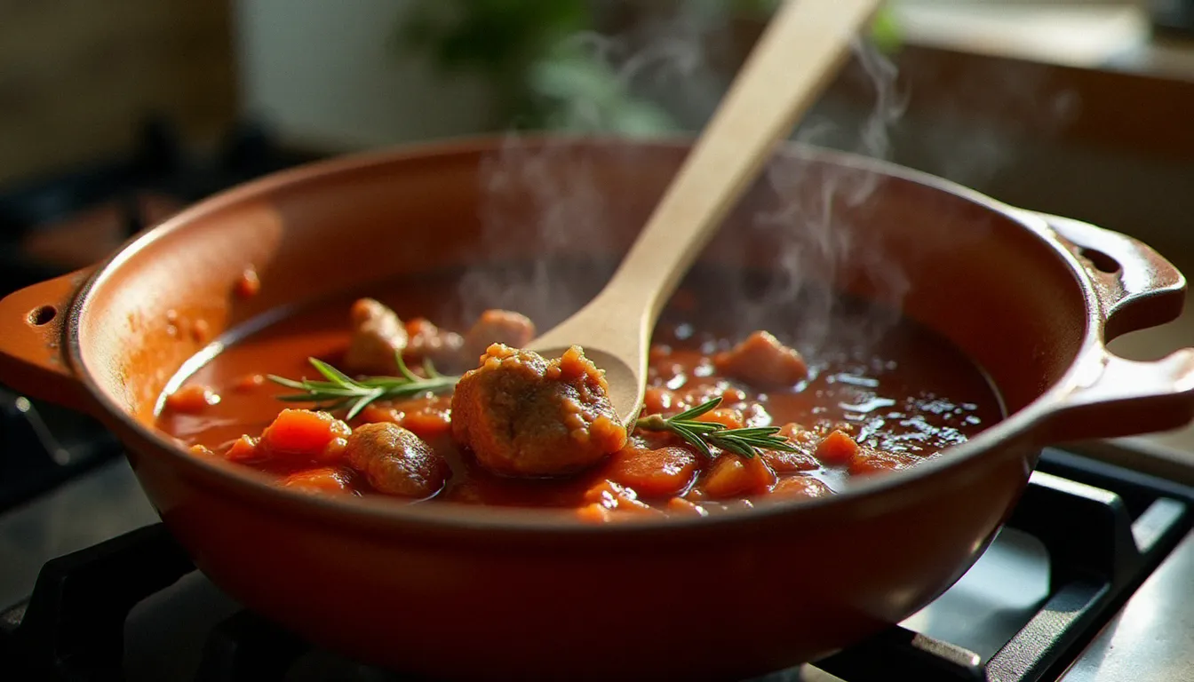 Cuisson lente d'un ragù traditionnel dans une cocotte en terre cuite, technique de base pour de nombreuses recettes de cuisine italienne du Nord