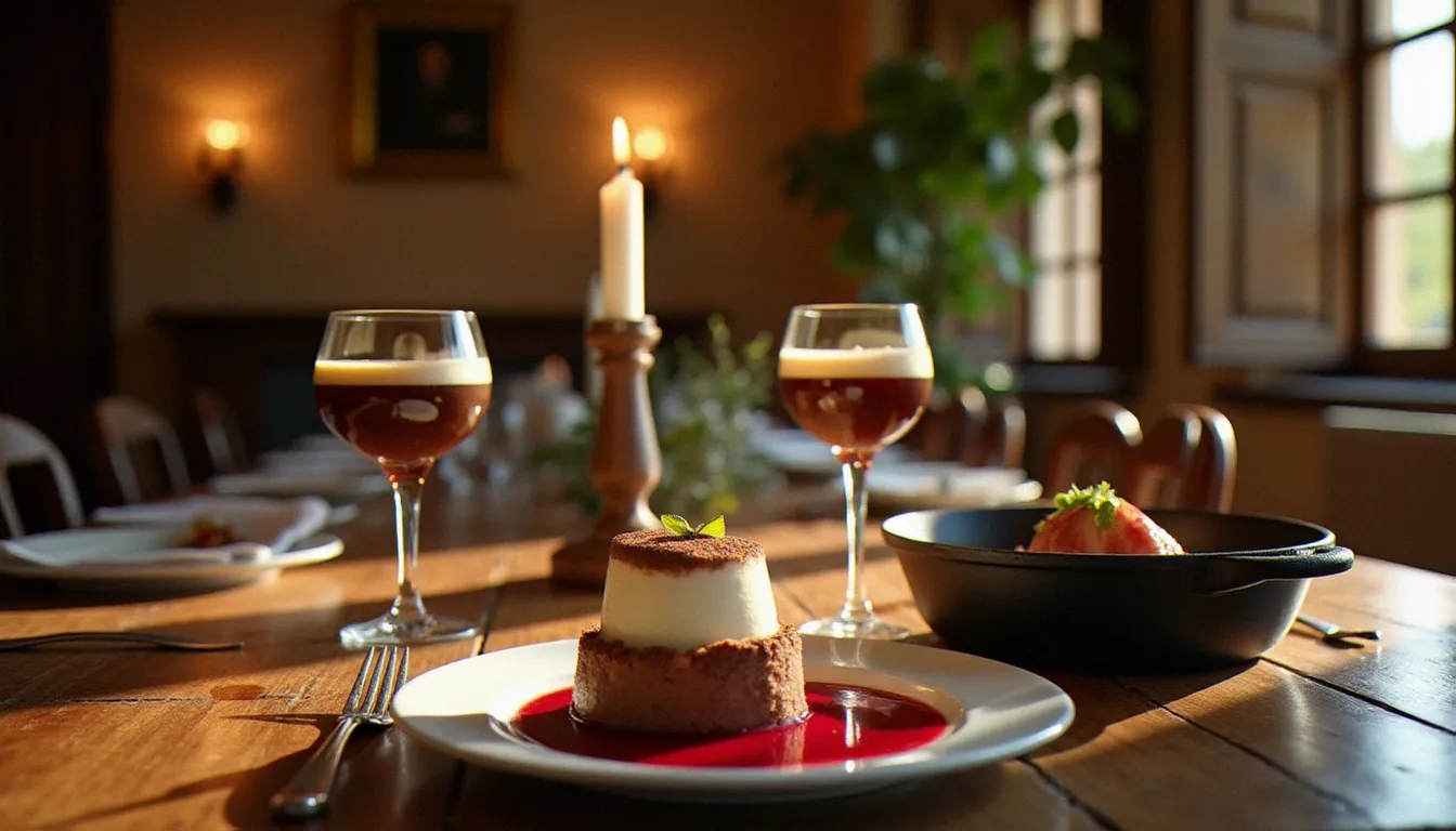 Assortiment de recettes italiennes incontournables — tiramisù, panna cotta et osso buco — présentés sur une table en bois dans l'atmosphère d'un repas de famille toscan