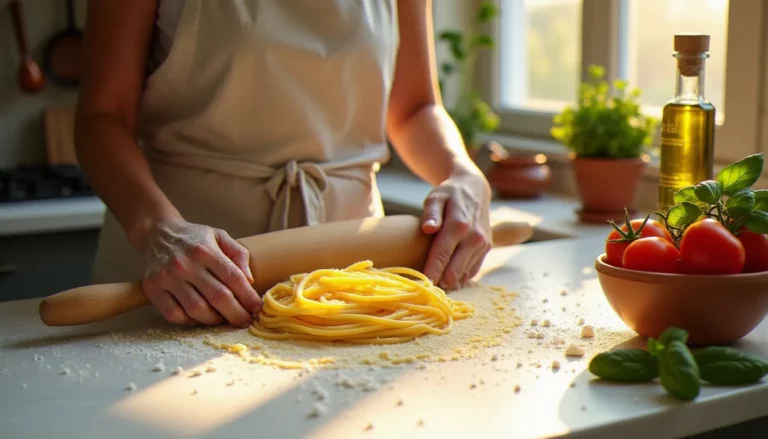Préparation d'une recette de cuisine italienne maison avec pâtes fraîches roulées à la main, tomates San Marzano et huile d'olive sur un plan de travail en marbre rustique