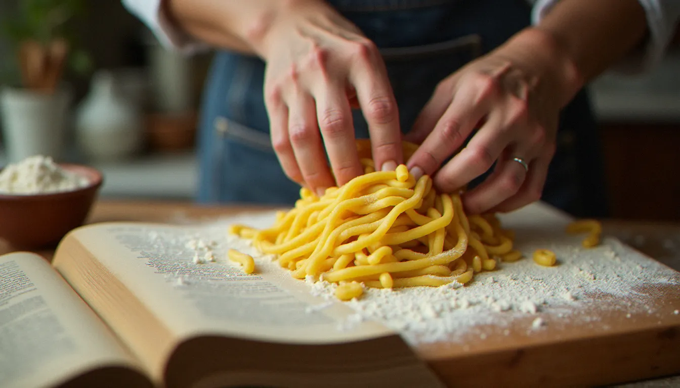 Mains pétrissant une pâte fraîche aux œufs sur une planche en bois farinée avec un livre de recettes italiennes annoté ouvert à côté, illustrant les techniques de base de la cuisine italienne