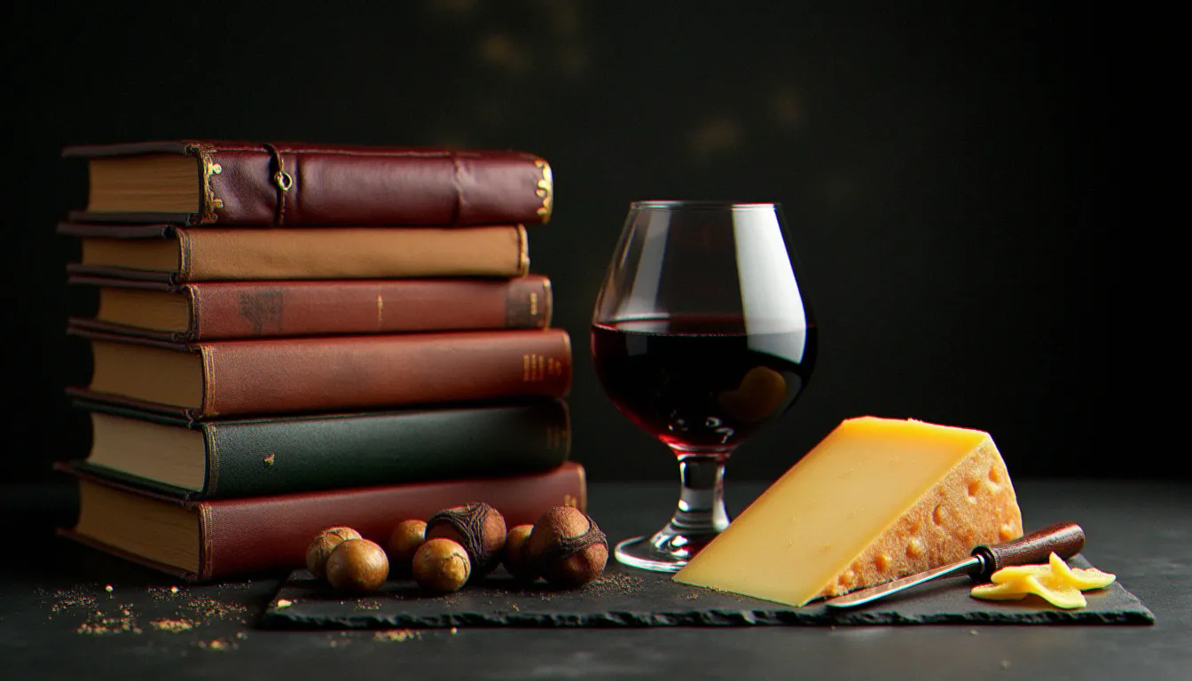 Pile de livres de cuisine italienne anciens et usés avec un verre de Barolo, des noisettes des Langhe et un morceau de Parmigiano Reggiano sur une surface en ardoise sombre, évoquant l'authenticité des recettes italiennes régionales