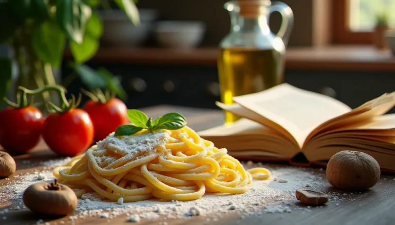 Livres de cuisine italienne ouverts sur un plan de travail rustique avec pâtes fraîches, tomates San Marzano et huile d'olive, illustrant l'univers des recettes italiennes authentiques