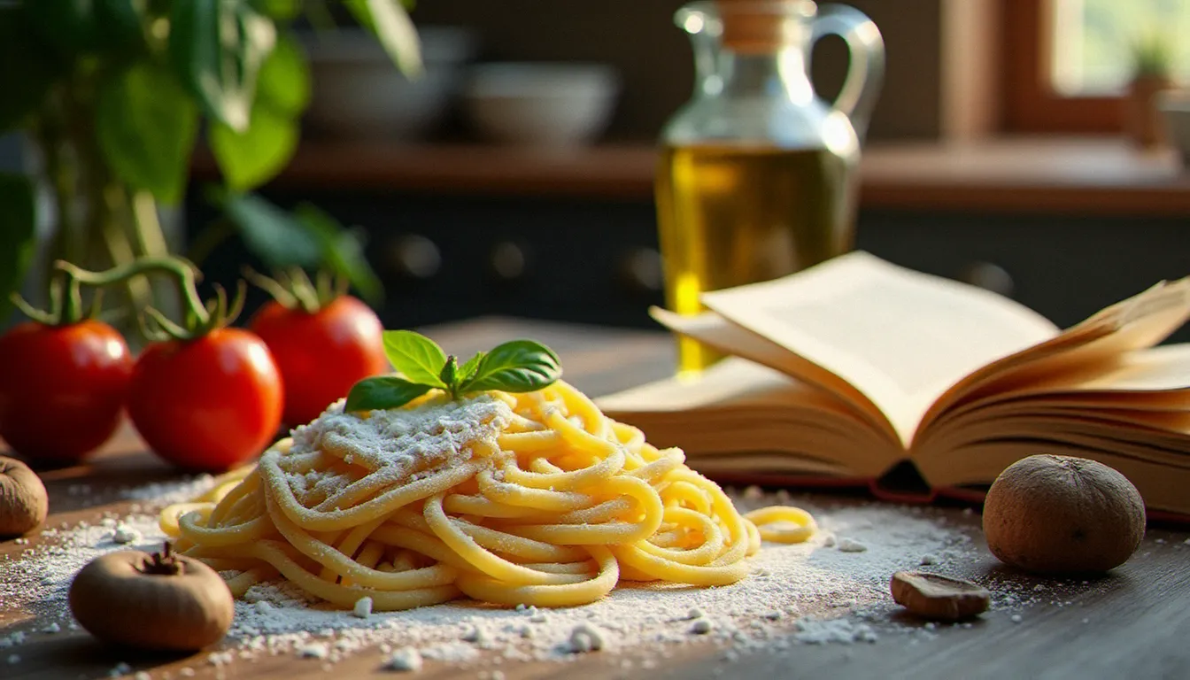 Livres de cuisine italienne ouverts sur un plan de travail rustique avec pâtes fraîches, tomates San Marzano et huile d'olive, illustrant l'univers des recettes italiennes authentiques