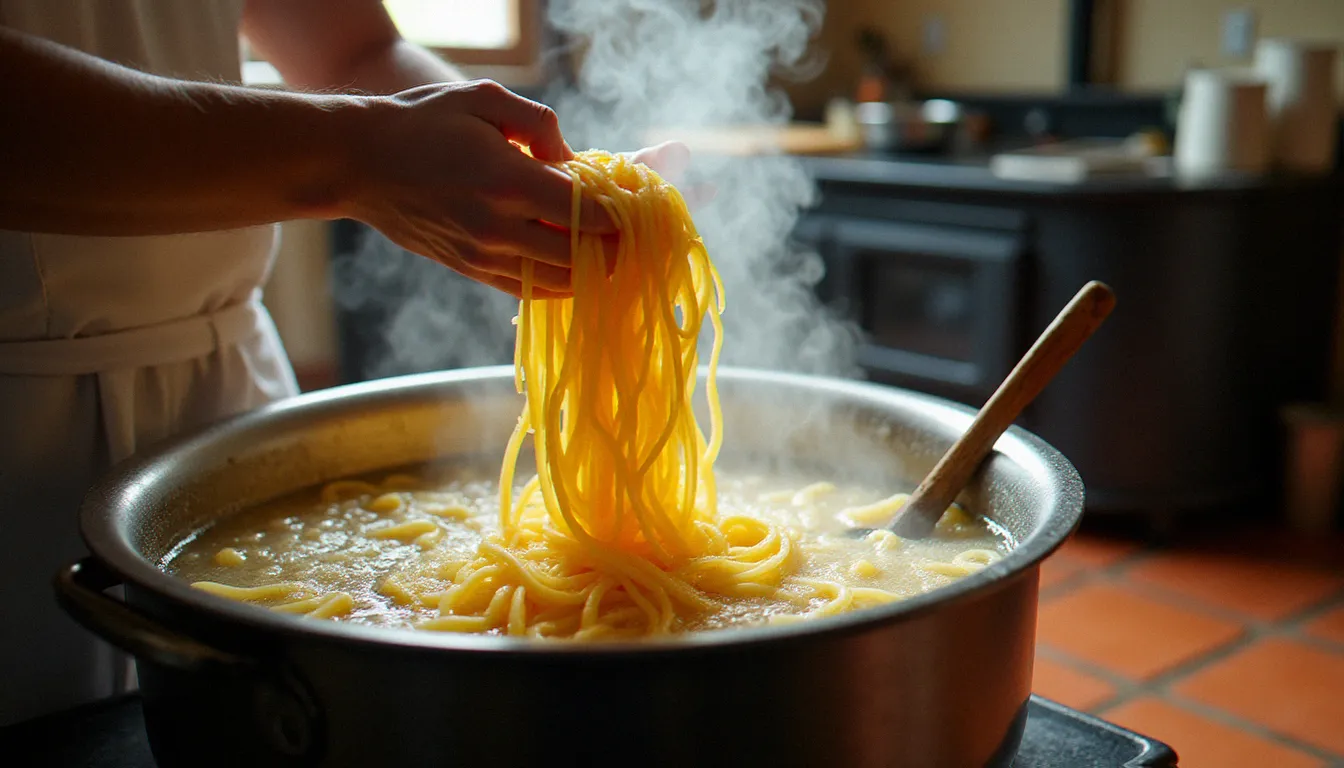 Mains plongeant des spaghetti frais dans une grande casserole d'eau bouillante salée dans une cuisine italienne traditionnelle, étape fondamentale pour réussir les pâtes al dente.