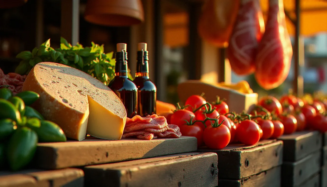Étal de marché italien en plein air présentant des ingrédients DOP authentiques — Parmigiano Reggiano, prosciutto di Parma, huile d'olive toscane et tomates San Marzano — essentiels pour toute recette de plat principal de cuisine italienne réussie.