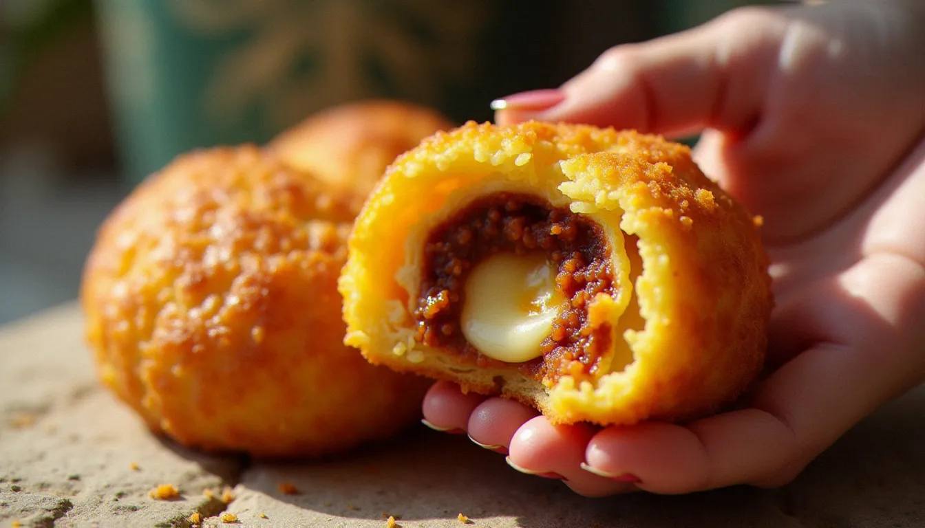 Arancino sicilien coupé en deux révélant sa farce de riz safrané, ragù de viande et mozzarella fondante, emblème de la cuisine italienne sans gluten de rue.