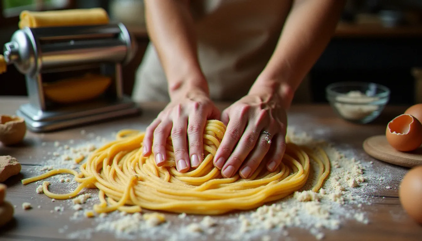 Mains pétrissant une pâte de cuisine italienne sans gluten à base de farine de sarrasin et de riz sur un plan de travail en bois, avec un laminoir artisanal en arrière-plan.