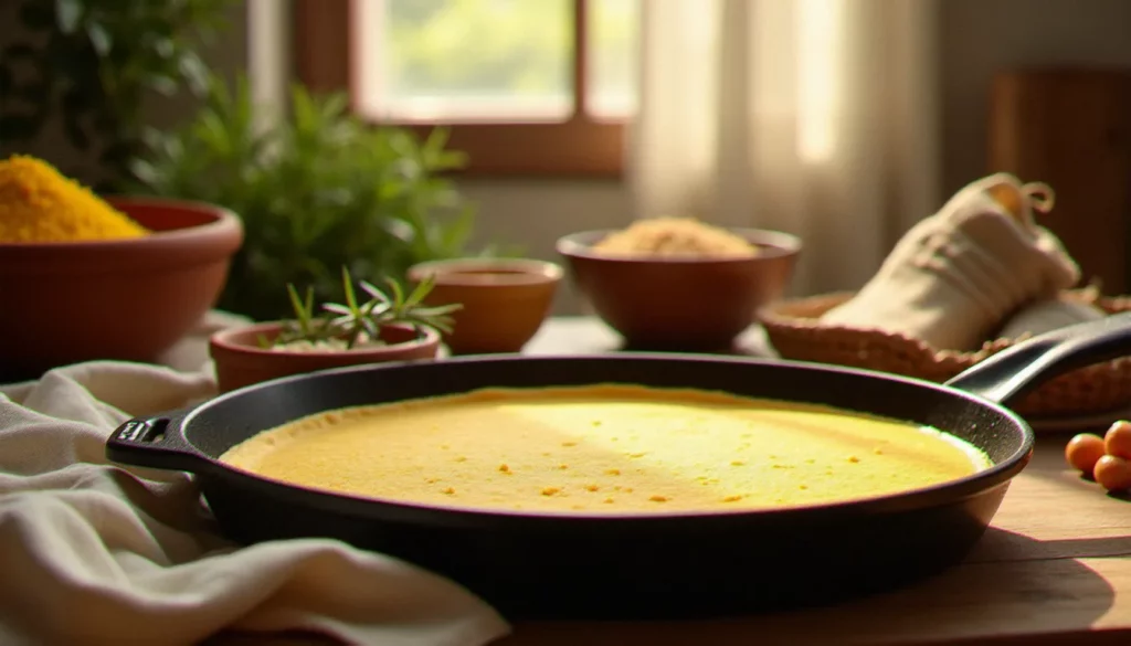 cuisine italienne sans gluten featured Table rustique italienne avec des ingrédients de cuisine italienne sans gluten : farine de pois chiches, polenta, riz arborio et farinata dorée dans une poêle en fonte, éclairée à la lumière naturelle.