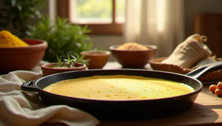 Table rustique italienne avec des ingrédients de cuisine italienne sans gluten : farine de pois chiches, polenta, riz arborio et farinata dorée dans une poêle en fonte, éclairée à la lumière naturelle.