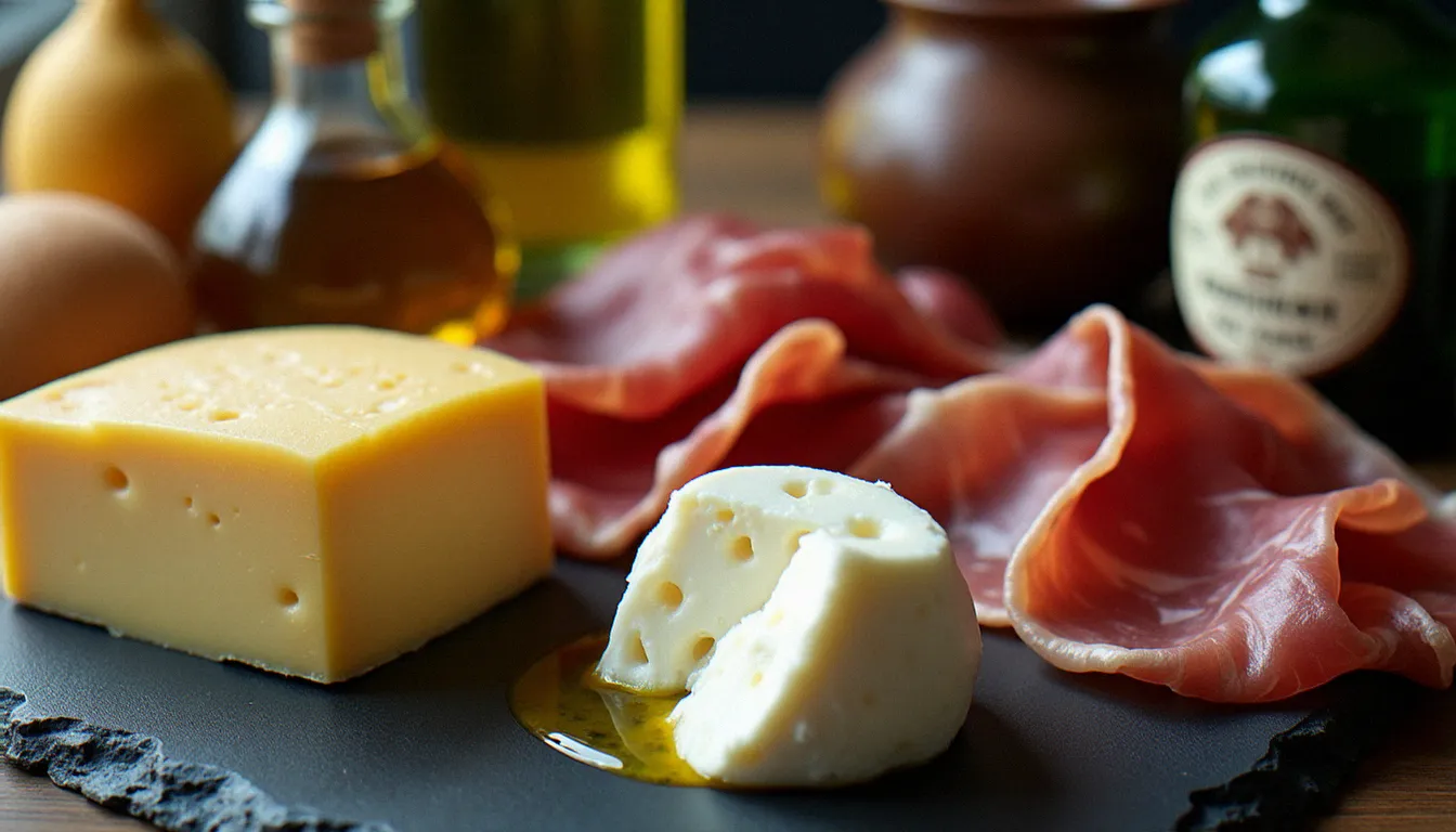 Plateau de produits italiens certifiés AOP et IGP sur ardoise : Parmigiano Reggiano, Prosciutto di Parma, Aceto Balsamico Tradizionale de Modène et mozzarella di bufala fraîche.