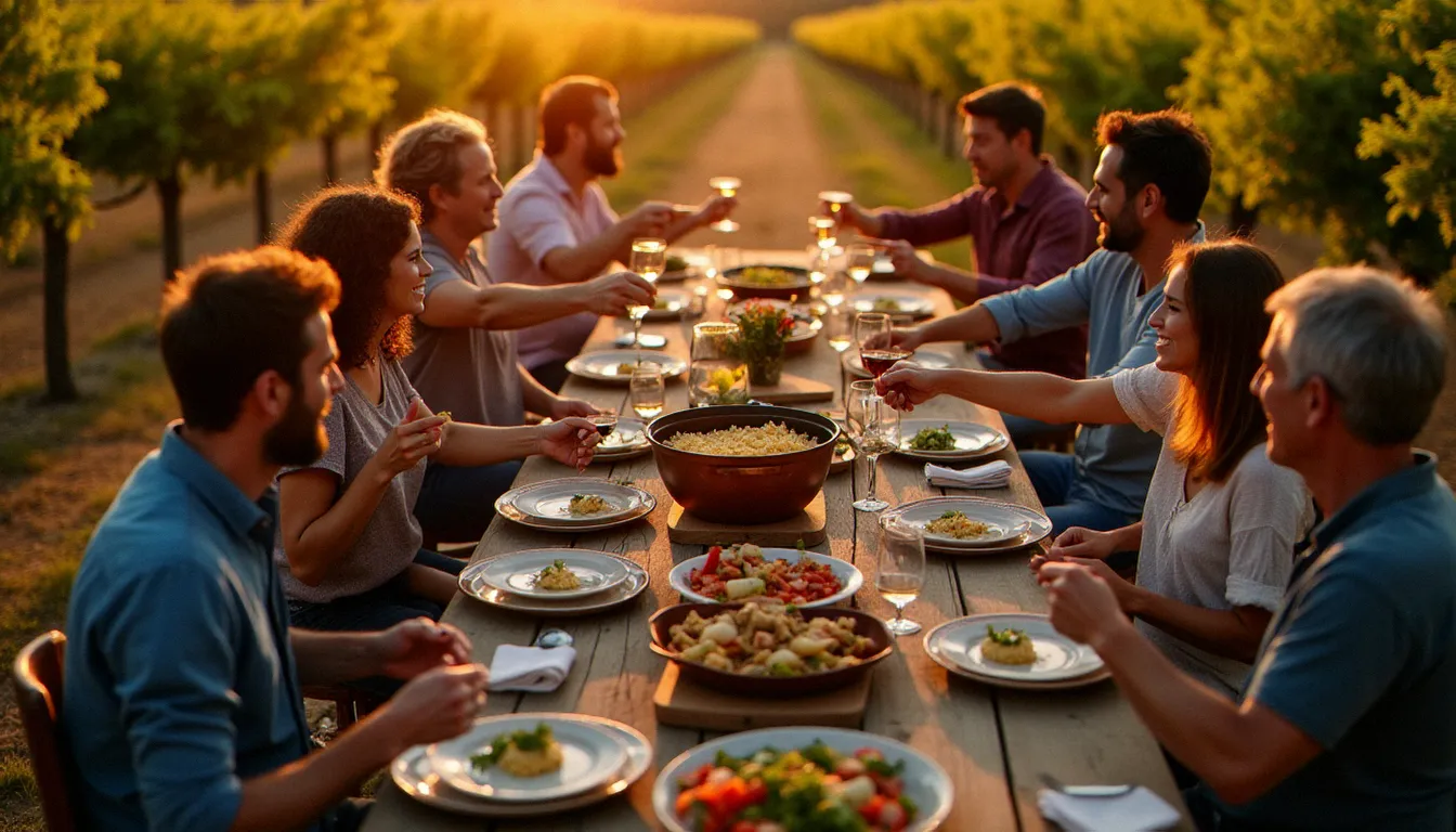 Repas convivial en famille dans un vignoble piémontais au coucher du soleil, grande table rustique chargée de plats emblématiques des grandes régions de la cuisine italienne traditionnelle.