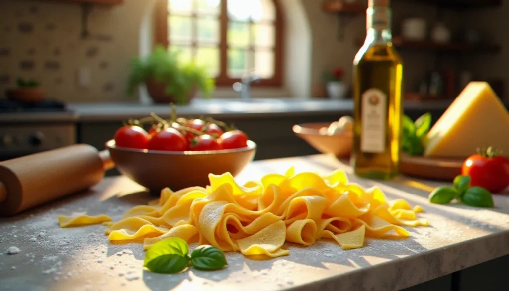 Cuisine italienne traditionnelle dans une ferme toscane : tagliatelle fraîches sur marbre, tomates San Marzano, Parmigiano Reggiano affiné et huile d'olive extra vierge sicilienne.