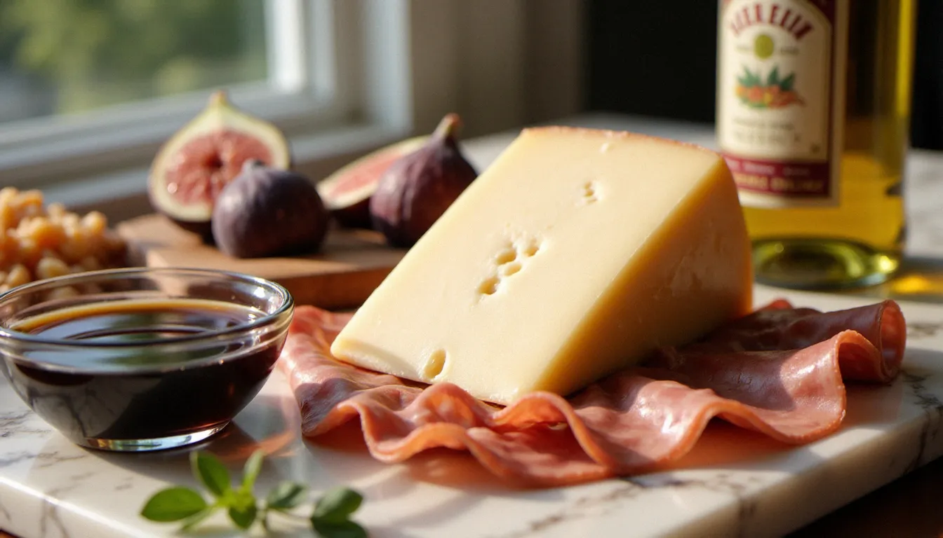 Plateau de produits italiens AOP — Parmigiano Reggiano, Prosciutto di Parma et vinaigre balsamique traditionnel — sur marbre, représentant le patrimoine culinaire certifié de la cuisine italienne UNESCO