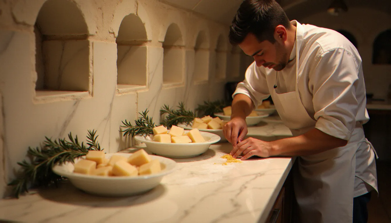 Producteur artisan préparant le Lardo di Colonnata dans des cuves en marbre de Carrare dans une cave toscane, symbole des savoir-faire traditionnels protégés au titre de la cuisine italienne UNESCO
